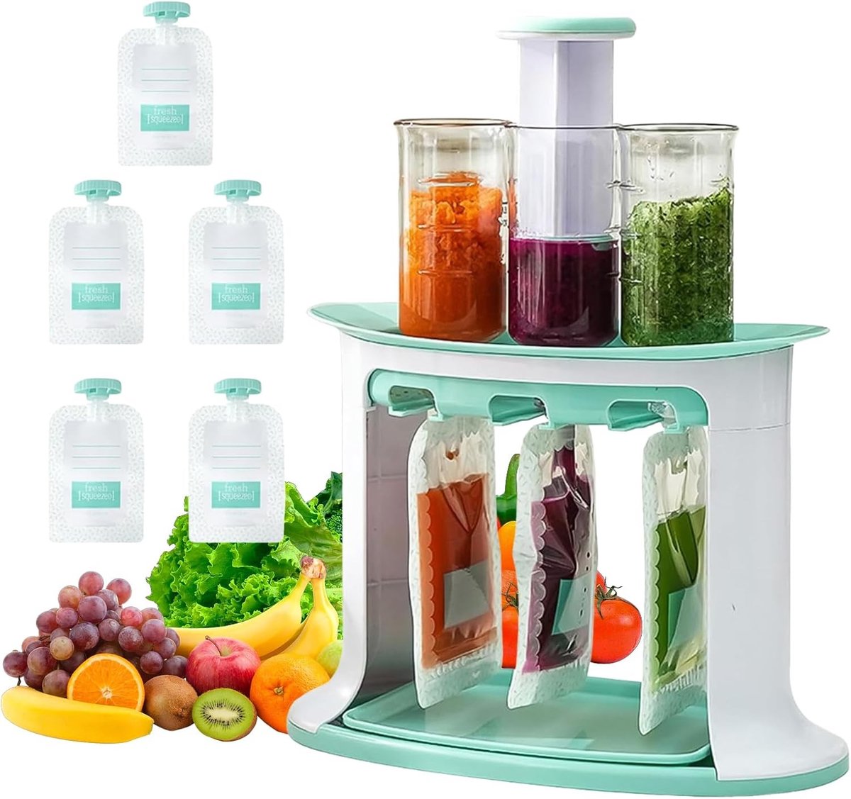Zelfgemaakte Babyvoeding Squeeze Station met 5 Herbruikbare Voedselzakken voor Thuisgebruik, Ideaal voor Baby's en Peuters