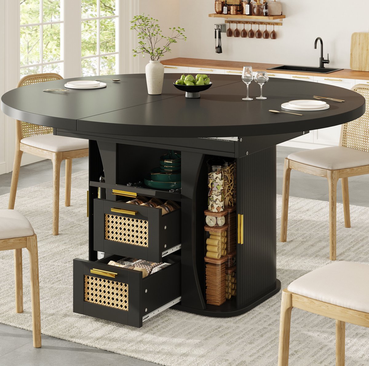 COVREO Eettafel 118-158 x 118 x 77,1 cm zwart, MDF met metaal, opbergruimte Black