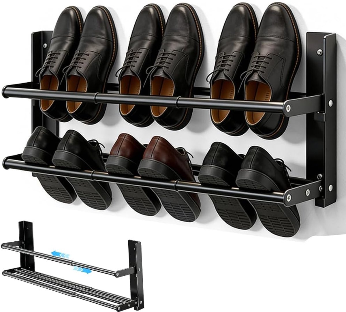 SnelShoppen - Smalle Schoenenrek, Vouwbaar Schoenhouder, Metaal, 2 Niveaus, Uitbreidbaar van 37-67 cm, Voor 6 Paar Schoenen, Ideaal voor Caravan, Badk