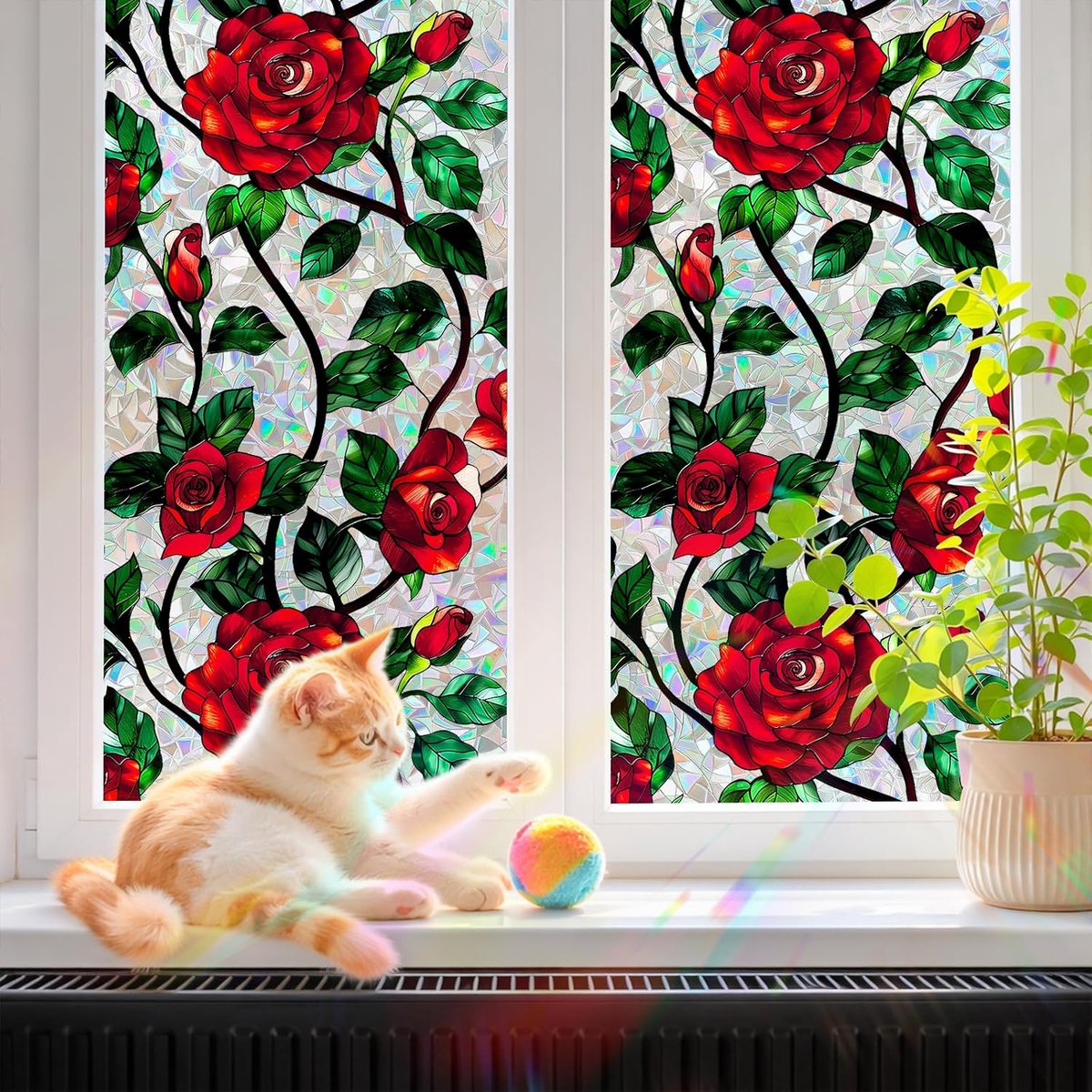 SnelShoppen - Privacy film 3D rozen regenboog 30 x 200 cm | Decoratieve statische raamfolie, luxe kleurglas effect voor ramen, balkon deuren, badkamer