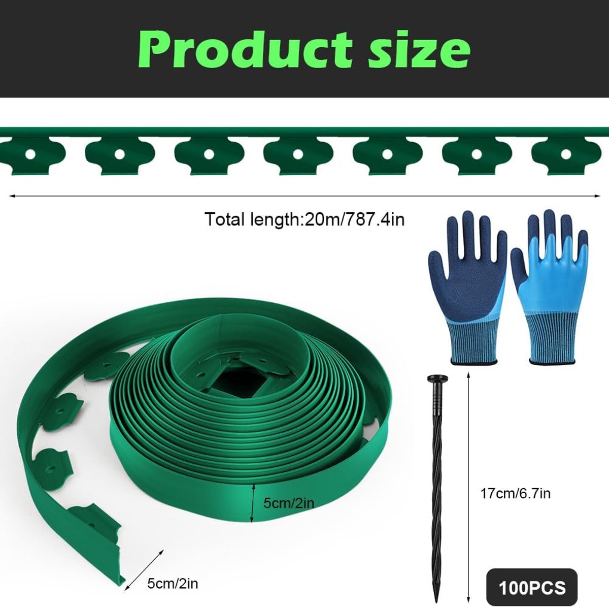 SnelShoppen - Tuinhek Kunststof 10 m met 50 Haringen - Flexibele Gazonrand 5 cm Hoog 4 mm Dikte - Groene Boomomranding voor Tuin en Straatstenen - Duu