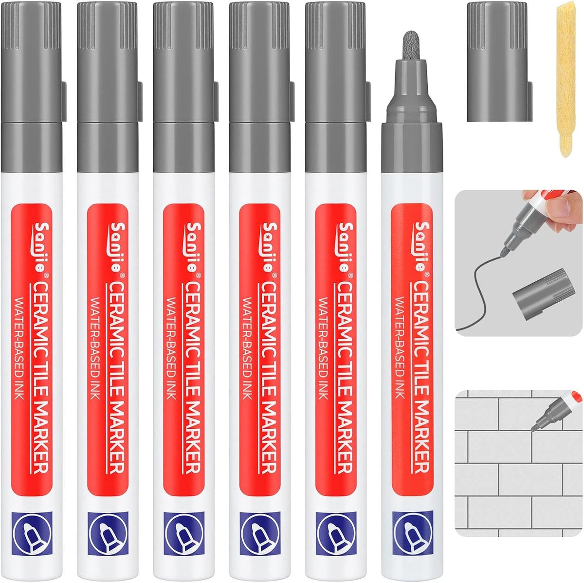 SnelShoppen - Donkergrijze Tegelvoegpen Set van 6 Stuks met Vervangtips, Waterdichte Voegenmarker voor Renovatie van Keuken en Badkamer Tegels