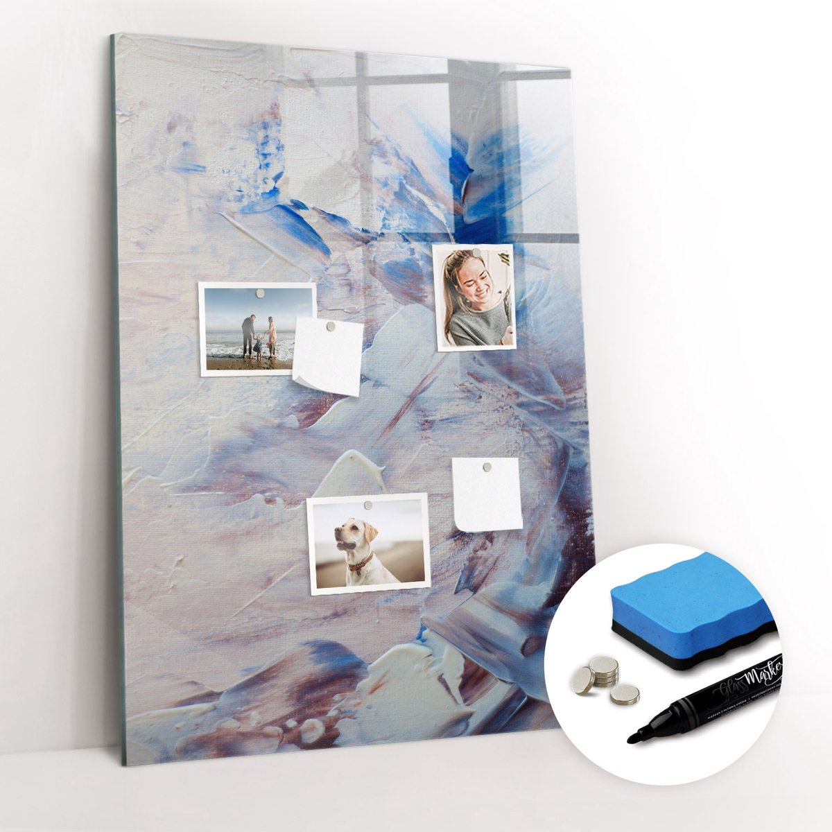 Tulup Whitebord - Abstracte schilderkunst - 70 x 100 cm - Blauw Foto Magneetbord - Gratis 5 Sterke Magneten + Whiteboard Marker & Wisser - Stylish Memo Board - Memobord Glas - Planning Muur