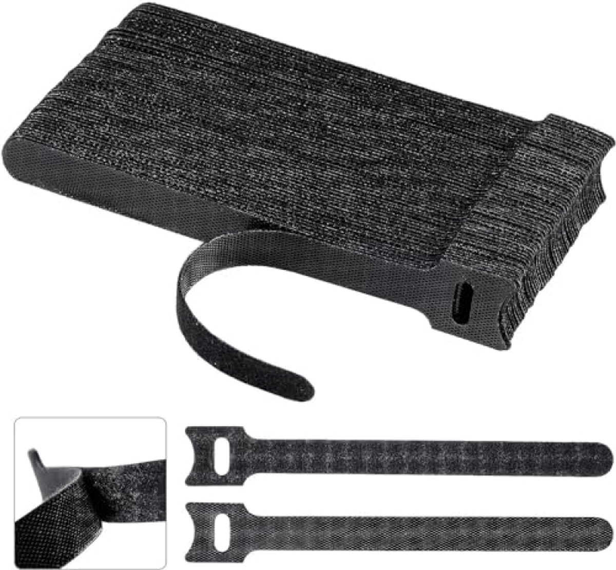 Huis Geluk 60 stuks herbruikbare klittenbandkabelbinders - 150 x 12 mm - Zwart - Kabelorganizer voor thuis en op kantoor