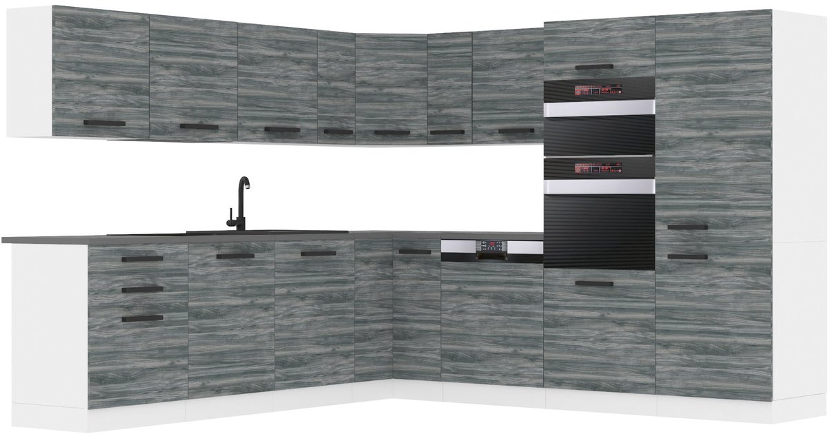 BELINI L-Vorm Keukenblok JANE - Keukenmeubel Set 480 cm Glamour Wood met Werkbladen - Boven- en Onderkasten