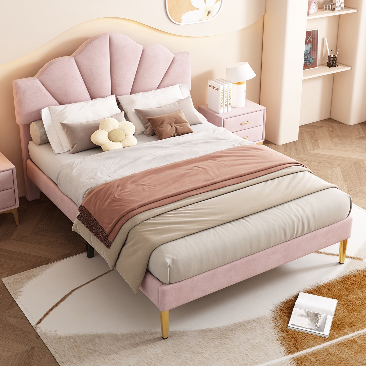 Luxe Velvet Bed 140x190 cm - Gestoffeerd Bed Met Verstelbaar Hoofdbord En Gouden Poten Roze