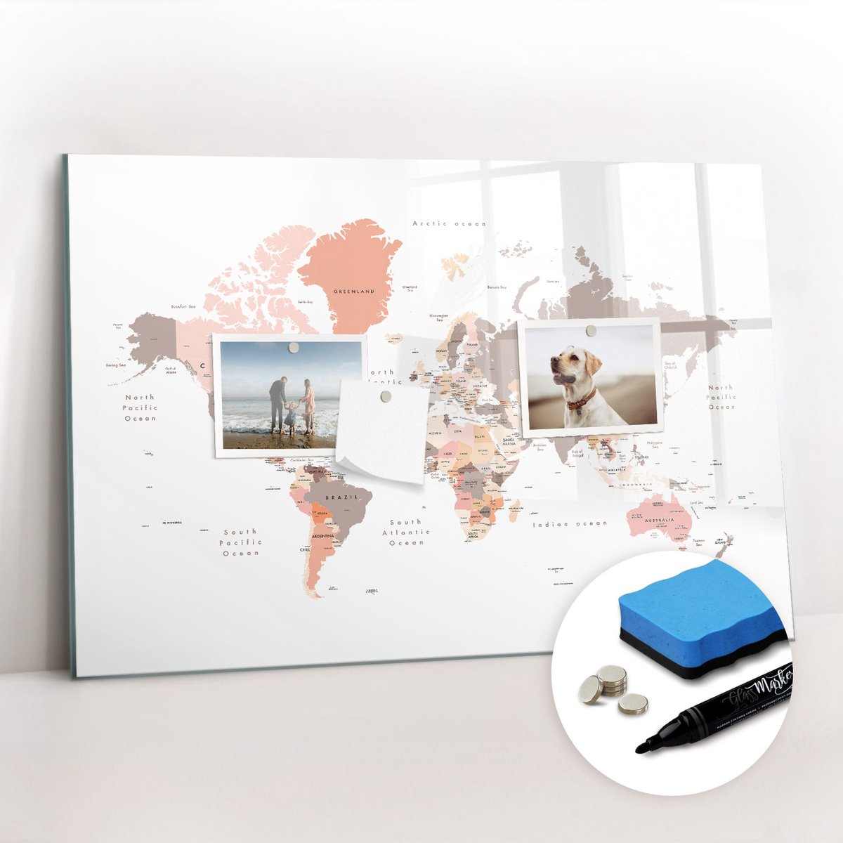 Tulup Whitebord - Universele wereldkaart - 60 x 40 cm - Bruin Magneetbord Design - Gratis 5 Sterke Magneten + Whiteboard Marker & Wisser - Stylish Memo Board - Magnetisch Bord - Planning Muur