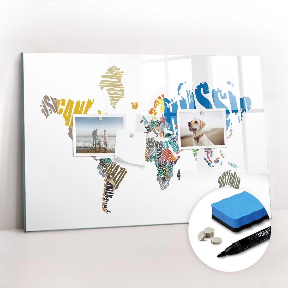 Tulup Whitebord - Typografische wereldkaart - 60 x 40 cm - Veelkleurig Magnet Board - Gratis 5 Sterke Magneten + Whiteboard Marker & Wisser - Minimalistisch Prikbord - Magnetisch Bord - Notitiebord Werkplek