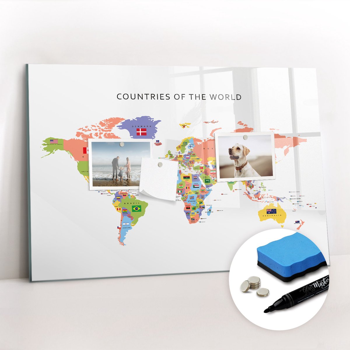 Tulup Whitebord - Kaart van nationale vlaggen - 60 x 40 cm - Veelkleurig Magnetisch Bord - Gratis 5 Sterke Magneten + Whiteboard Marker & Wisser - Wanddecoratie Kantoor - Magneetbord Rechthoekig - Inspiratiebord Kantoor