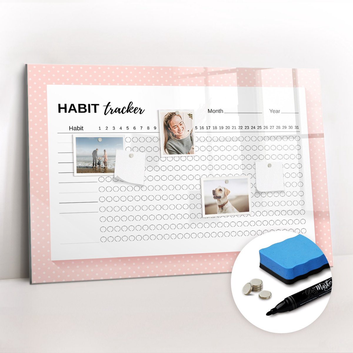Tulup Whitebord - Dagelijkse gewoonteregistratie - 90 x 60 cm - Roze Magneetbord Design - Gratis 5 Sterke Magneten + Whiteboard Marker & Wisser - Decoratief Magnetisch Bord - Magnetisch Bord - Productiviteit Tools
