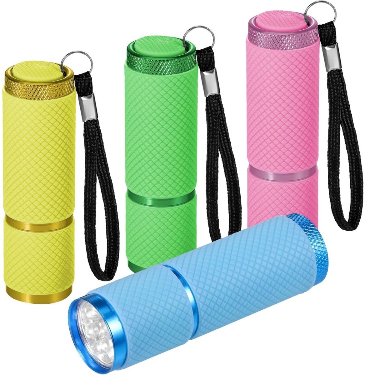 SSTRWGOOD Mini-ledzaklampen - 4-pack - Zaklampen voor kinderen - 9 leds - Compacte, waterdichte zaklampen met antislip-rubberen greep - Geschikt voor noodgevallen, buitenactiviteiten en kamperen - 4 kleuren - Inclusief batterij