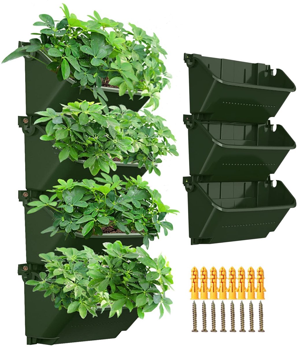 Omgoods - Set van 4 Verticale Wandbloempotten met Automatische Irrigatie - Donkergroen