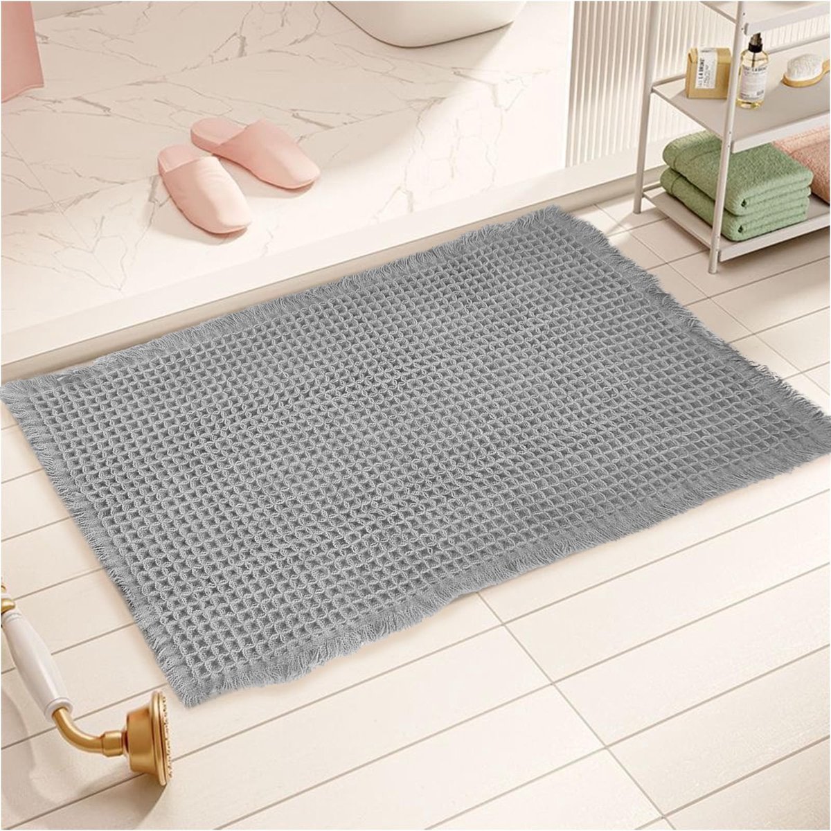 Omgoods - Grijze Waffle Badmat 46 x 77 cm, Super Absorberend en Antislip