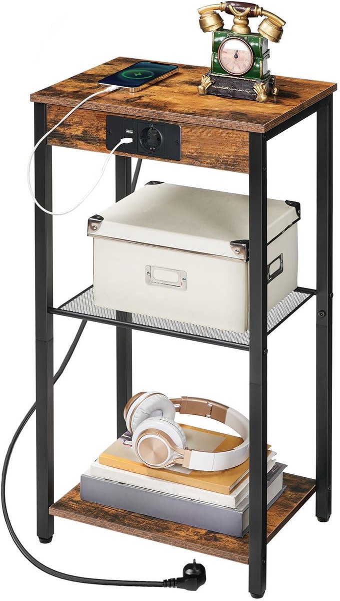 Omgoods - Hoge bijzettafel - Telefoontafel met laadstation - Compact formaat - Vintage bruin - Perfect voor slaapkamer en hal - 3-traps design