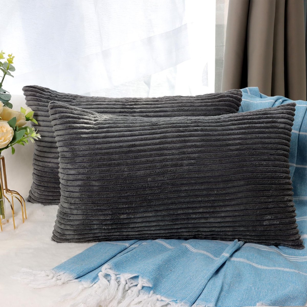 Omgoods - Set van 2 Corduroy Kussenhoezen 40x80cm met Blinde Rits - Donkergrijs