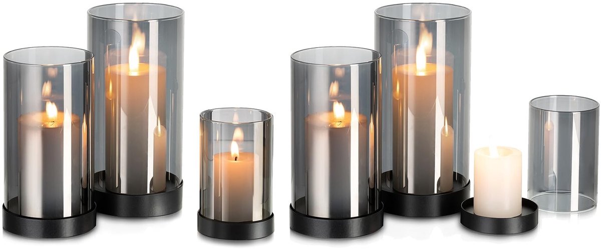 Omgoods - Set van 6 Moderne Zwarte Kaarsenhouders van Glas