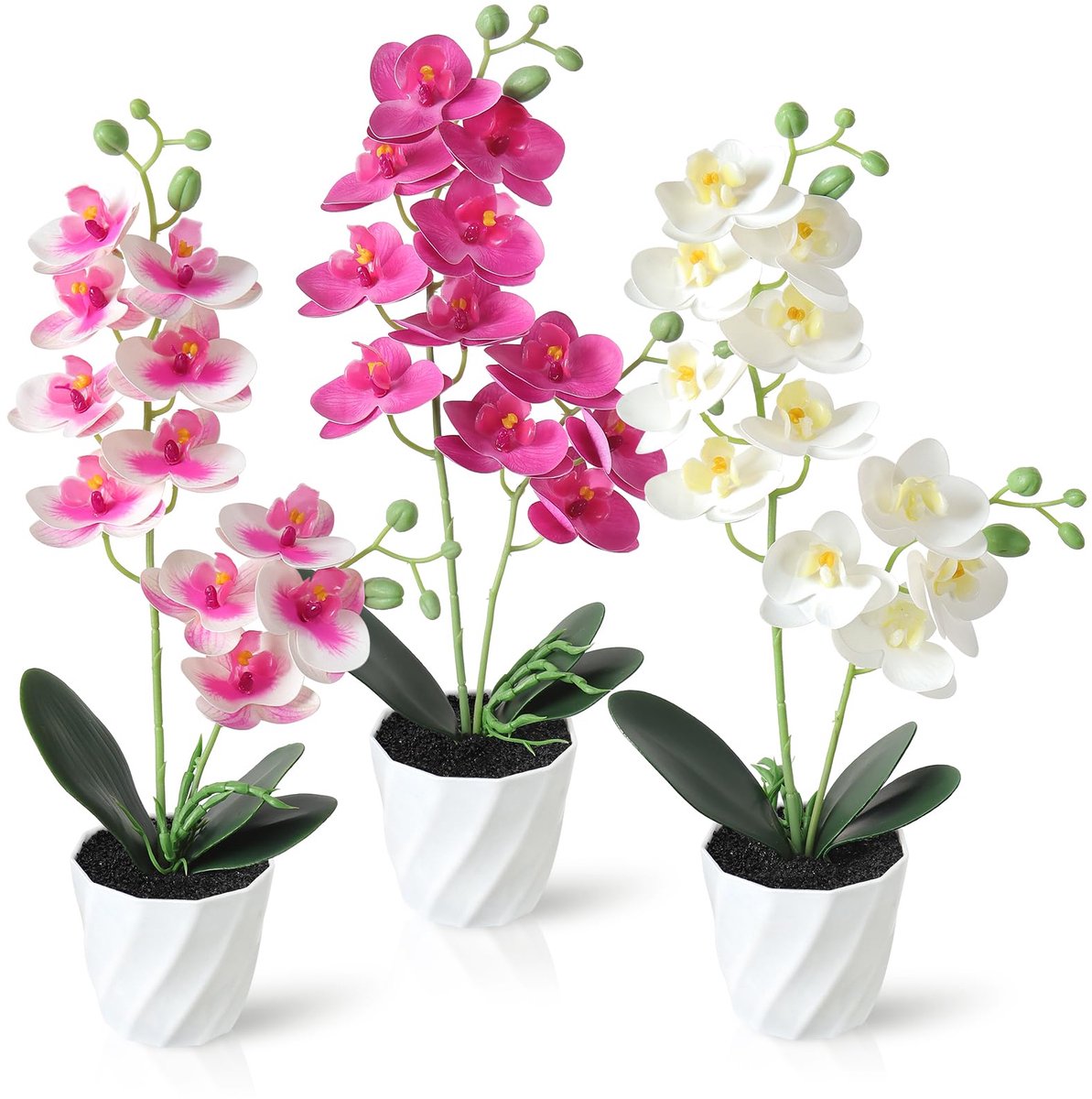 Omgoods - 3 Stuks Kunst Orchideeën - Faux Bloemen in Witte Potten