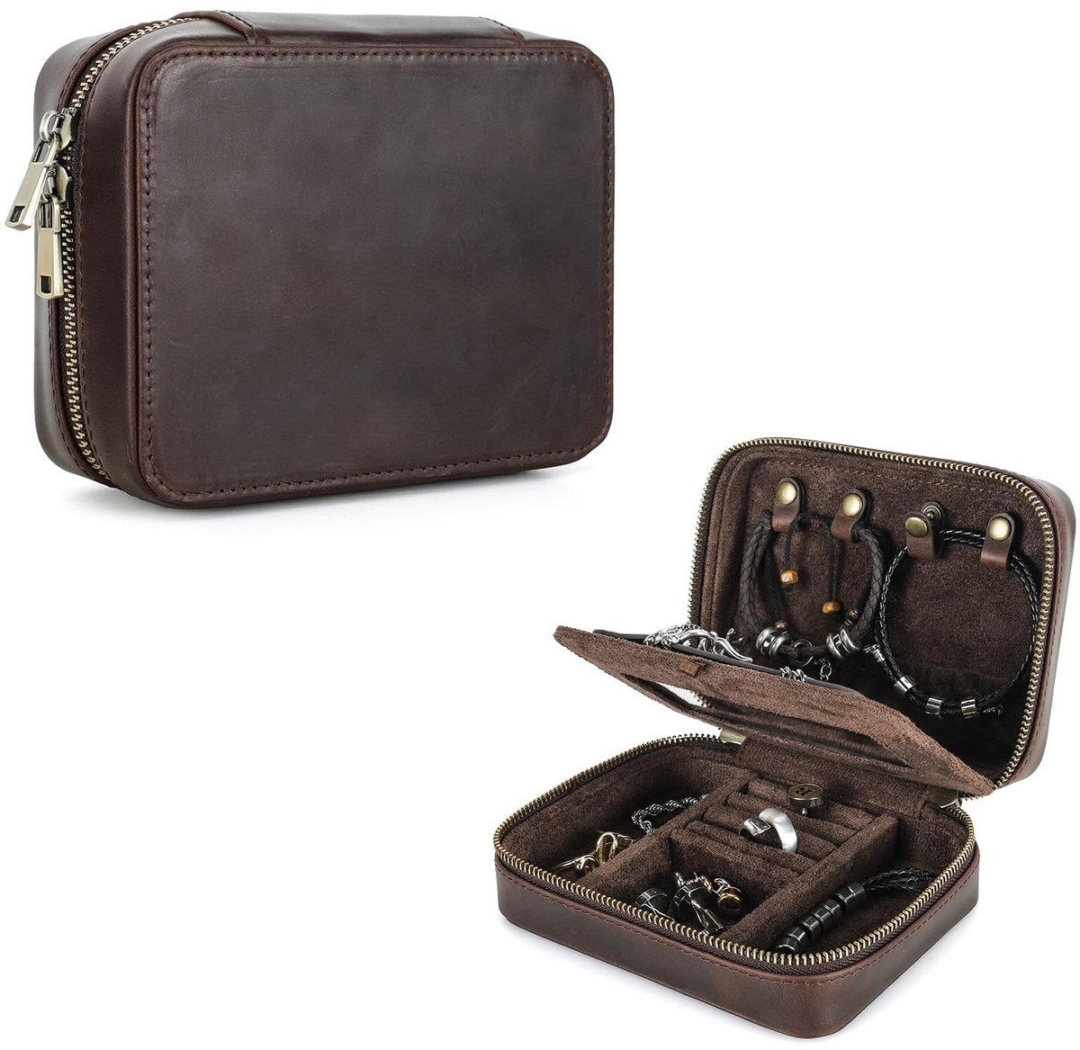 Omgoods- Sieradendoos Retro - Lederen Opbergorganizer - Oorbellen/Ringen/Halskettingen/Armbanden - Draagbaar - Make-upspiegel - Duurzaam Echt Leer - Sieradenetui