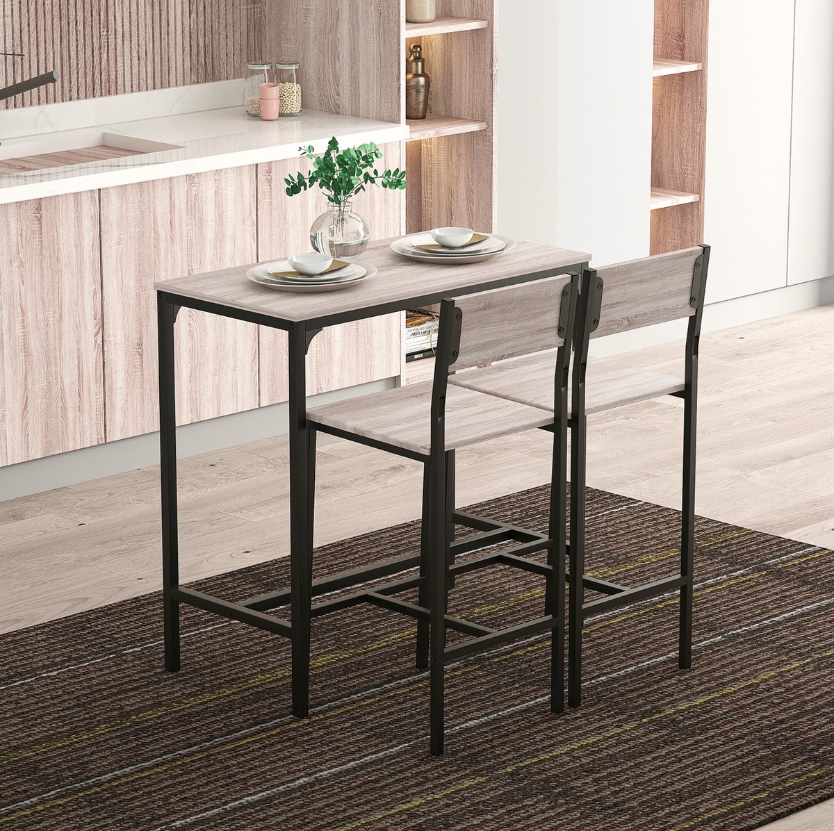 COVREO Bartafel met 2 stoelen, 89 x 45 x 87 cm, naturel zwart, MDF, stabiel