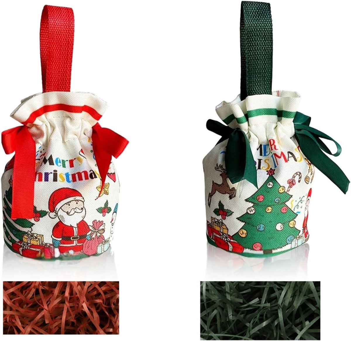 SnelShoppen - 2 Herbruikbare Kerstcadeauzakjes in Rood en Groen | Appelvorm van Pluche | Milieuvriendelijke Snoepzak en Boomversieringen voor Feestdag