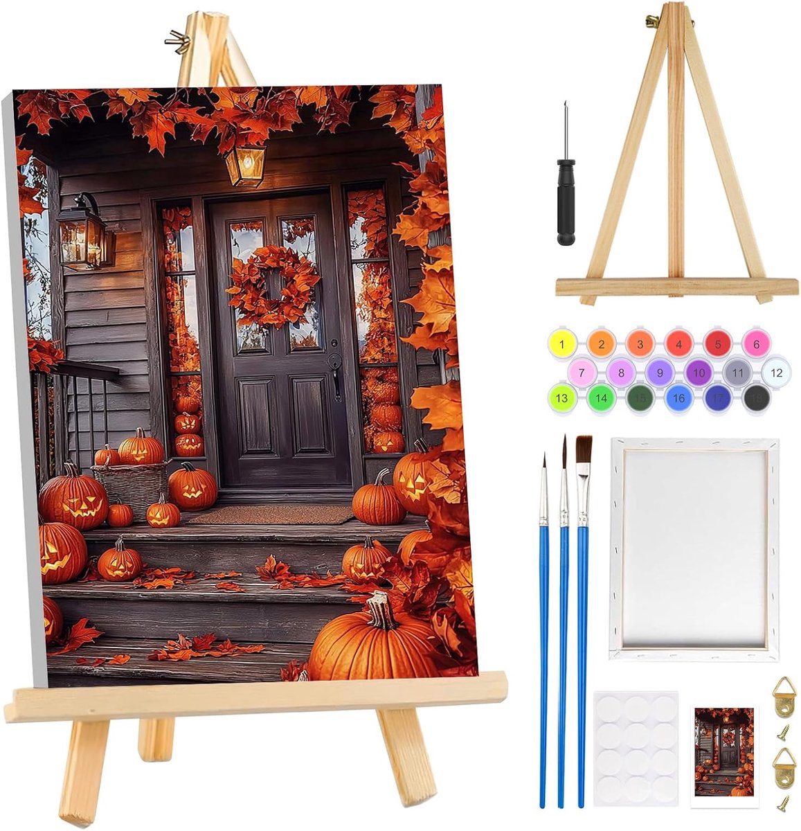 SnelShoppen - Schilderen op Nummer Set Herfst Pompoen met Lijst en Houten Easel - DIY Olieverf Canvas Set voor Volwassenen - Schilderen voor Beginners