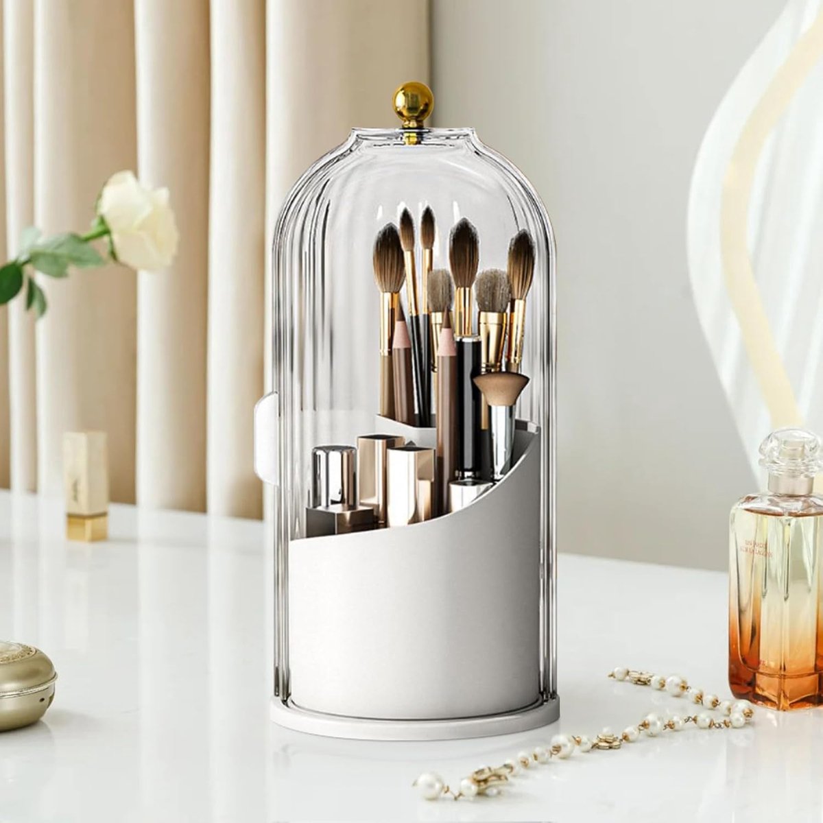 Makeup Brush Holder Organizer, Toothbrush Holder with Sliding Lid, 360 Rotating Organizer with Clear Lid, Makeup Brush - ShopVlot