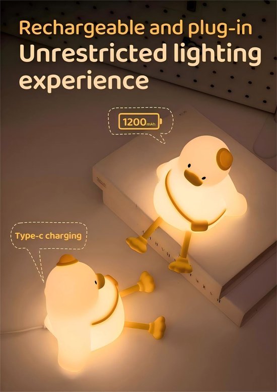 Eendvormig nachtlampje voor kinderen - Aanraakdimbaar - Oplaadbaar - Draagbaar LED-nachtlampje - Geschikt voor babykamers, peuterkamers, kinderdagverblijven en kinderkamers - Leuk nachtlampje met timer - Perfect voor baby's - Verjaardagscadeau — afbeelding 4