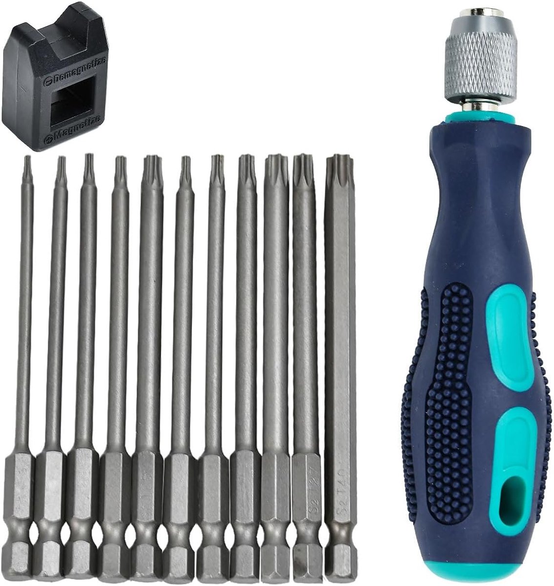 SnelShoppen - Torx Schroevendraaier Set 12-delig, Lange Bits 1/4 Inch 100 mm, T6-T40, Magnetiserende Handgreep voor Accuschroevendraaiers