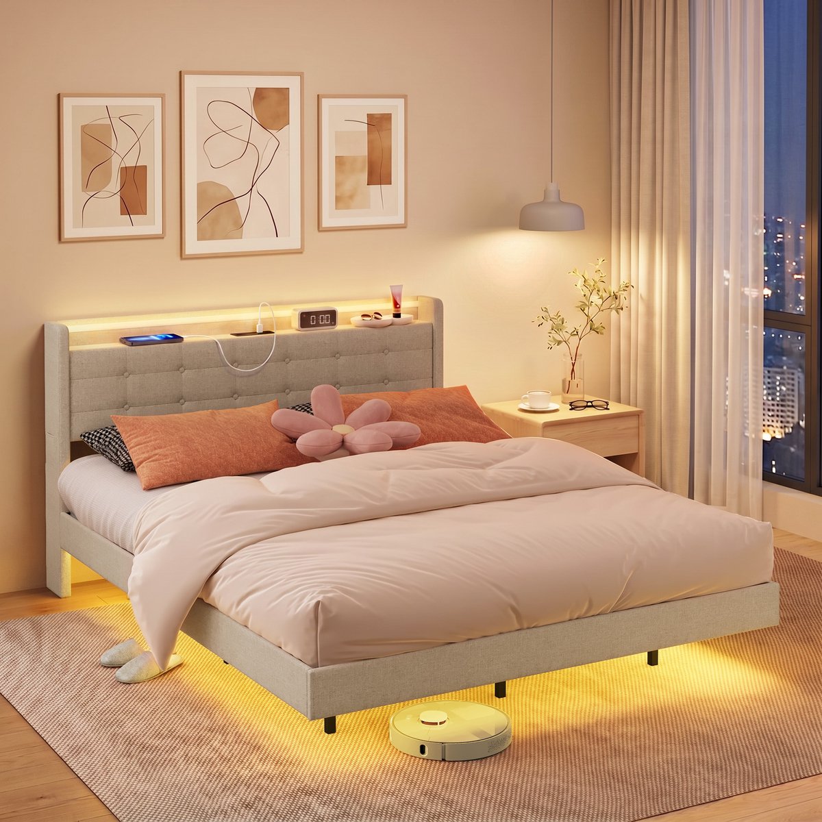 Xbro Gestoffeerd Bed 160 x 200 cm met LED-verlichting en USB,Tweepersoonsbed met Lattenbodem,Hoofdbord en Opberghoofdbord,Beige