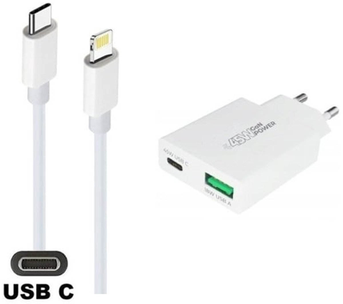 OneOne 45W super snellader met 2 poorten en screenprotector van glas voor iPhone 12 + 0,95m USB C naar Lightning kabel. Universele PD PPS lader. Compacte GaN oplader adapter. Glazen screenprotector past op Apple iPhone 12