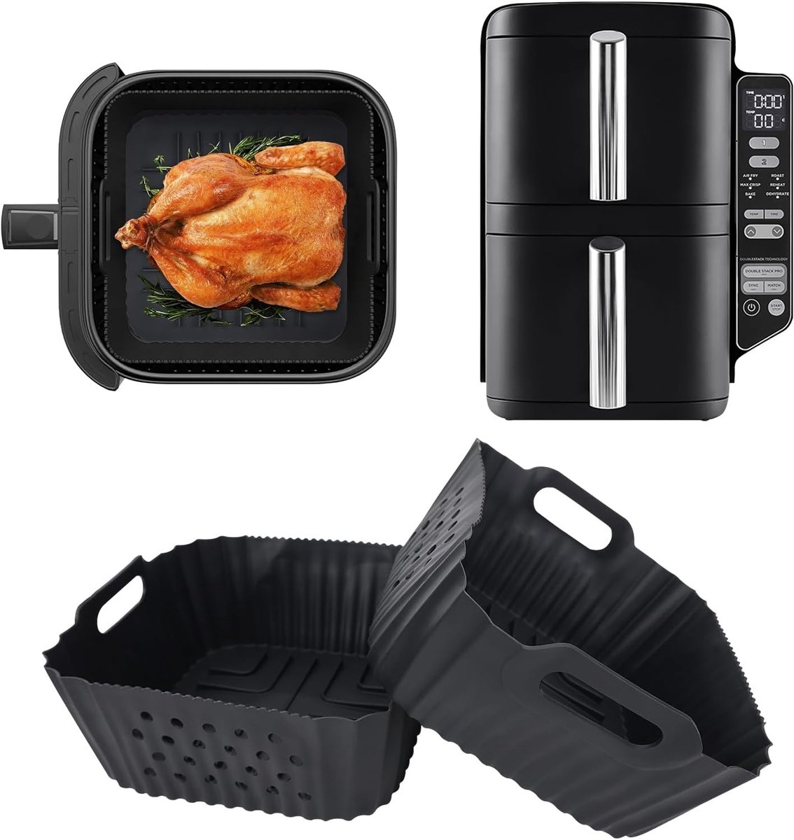 Extra Hoge Siliconen Mallen voor Dubbele Stapel Verticale Airfryer met 2 Compartimenten, Perfect voor Bakken en Koken