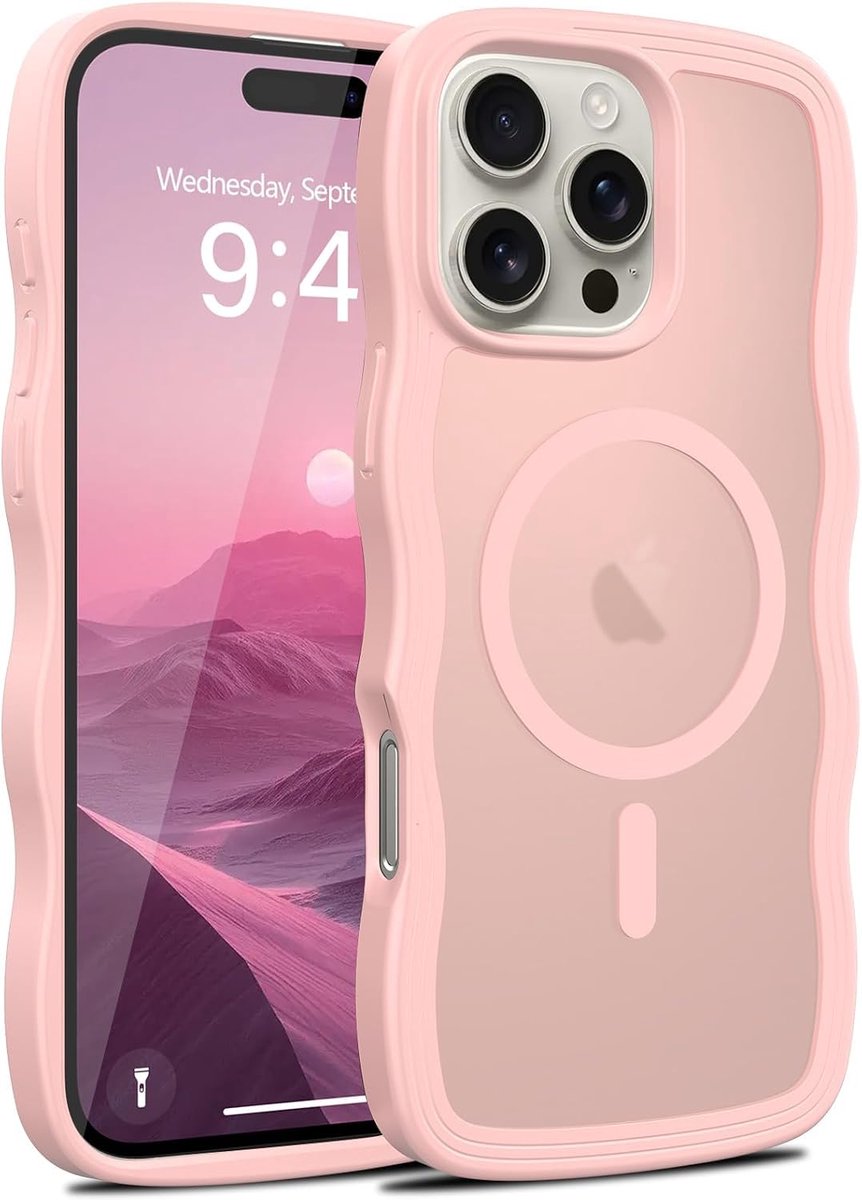 Beschermhoes voor iPhone 16 Pro Max, dames, golfvorm, magnetisch, transparant, siliconen, schokbestendig, ultradun, beschermhoes voor iPhone 16 Pro Max, roze