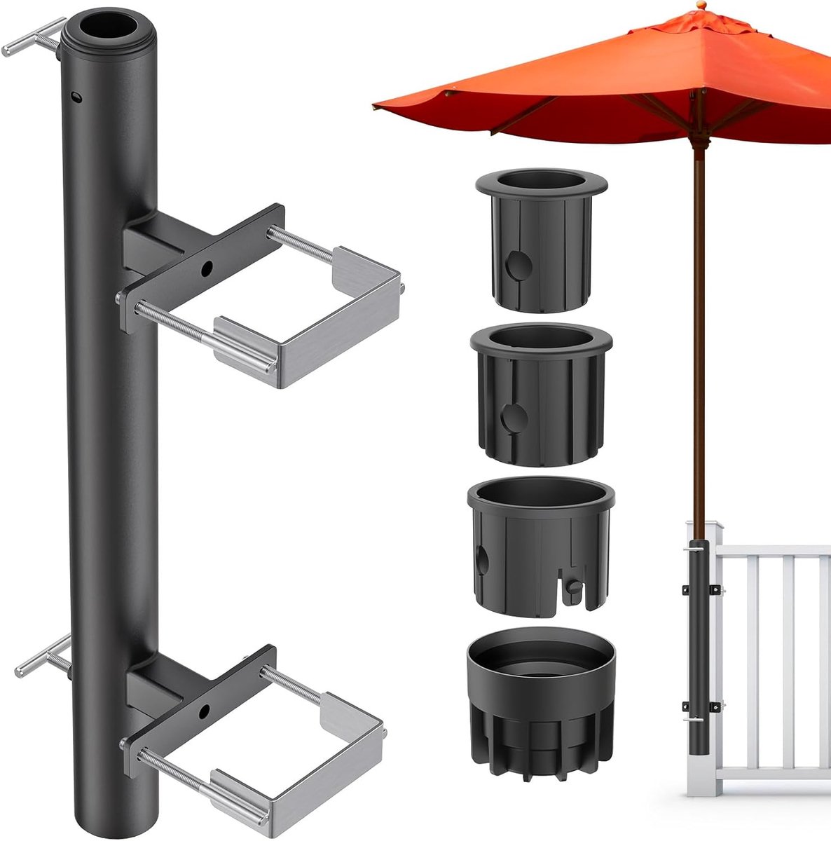 Parasolklem Balkon, Patio Paraplu Houder Buis Hek Deck Mount Beugel Stand Verstelbare Paraplu Bevestigingsclip Ruimtebesparend met 3 maten mouwen voor 3-5 cm paal, Max 10,6 x 10,4 cm reling