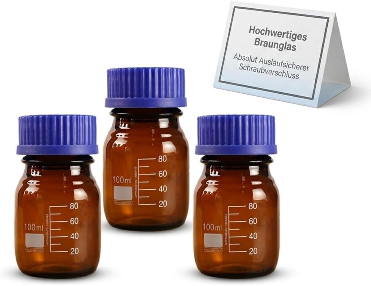 iplusmile 100 ml laboratoriumfles, glas, wijde hals, apothekersflessen, 3 stuks, chemische flessen met schroefsluiting, schaal bruin apothekersglas, laboratoriumglazen, bruine glazen flessen voor laboratorium, keuken, hobby
