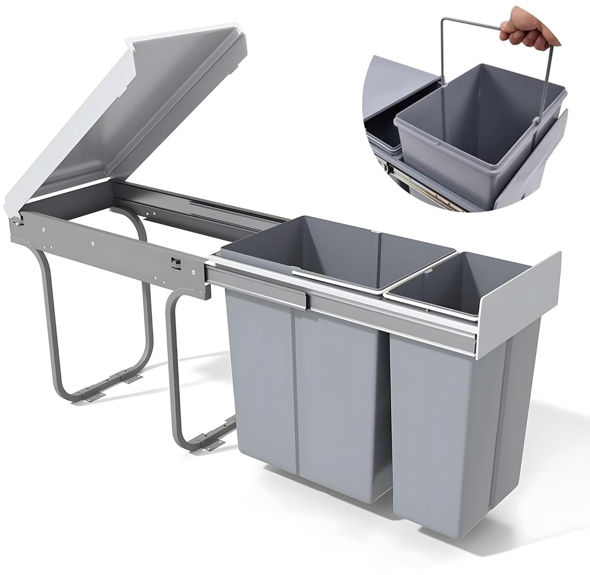 SnelShoppen - Pull-Out Keuken Afvalbak 30L - 10L + 20L Recycling Onderbouw Prullenbak - Twee Compartimenten Afvalcontainer - Grijs 480x260x418mm