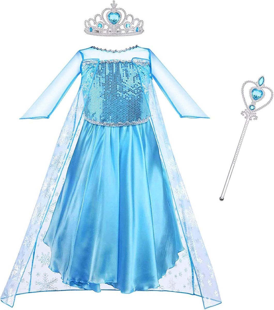 Prinsessenjurk Elsa-jurk, prinsessenjurk, kostuum met diadeem en toverstaf voor prinsessenkostuum, Kerstmis, Halloween, verkleedpartij