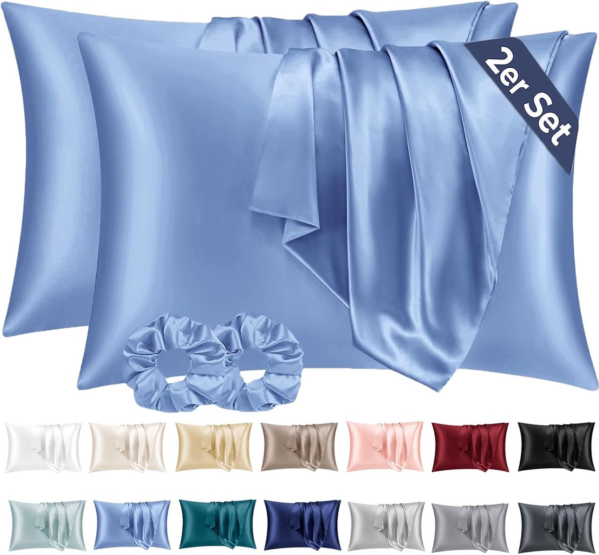 Vielit van 2 Satijn Kussensloop 50x80 Blauw, zo Zacht als Zijden Kussensloop,Goed voor haar en huid Envelopsluiting met 2 Haarbandjes