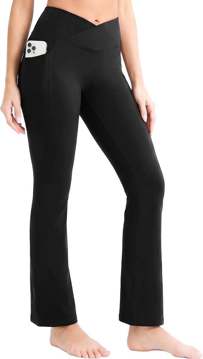 Flared Legging Dames Hoge Taille Crossover | Yoga Broek Dames met Zakken Ondoorzichtig Stretch voor Fitness, Pilates, Sport en Dagelijks Gebruik