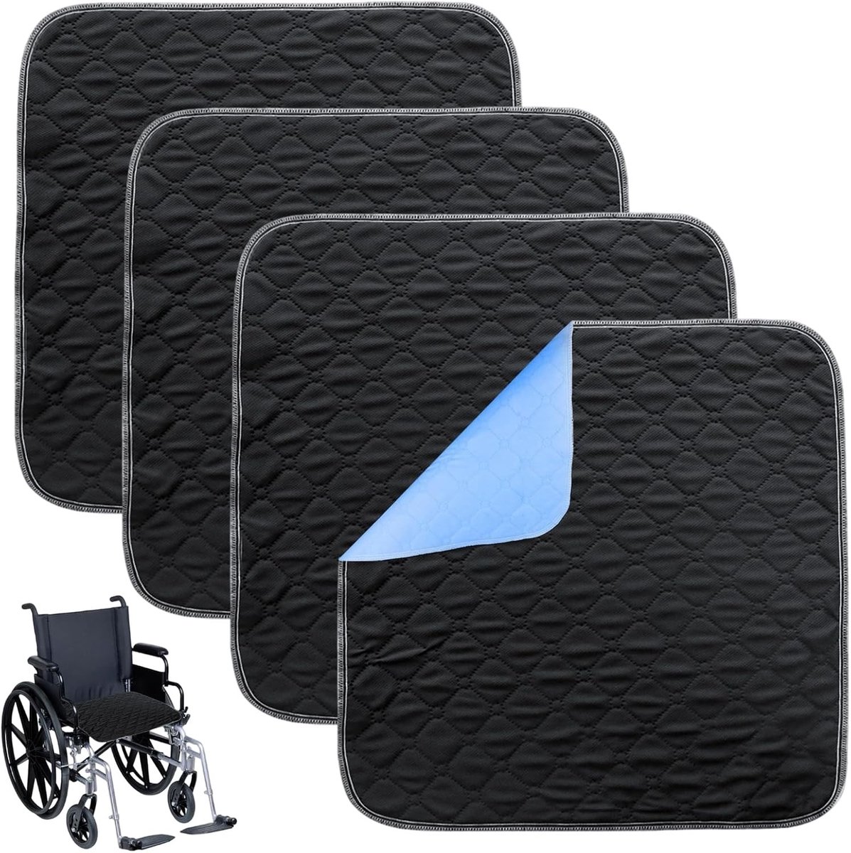 Set van 4 Wasbare Incontinentie Kussen voor Stoelen - Waterdicht, Absorberend en Sterk voor Rolstoel, Auto en Bank - 50 x 50 cm, Zwart