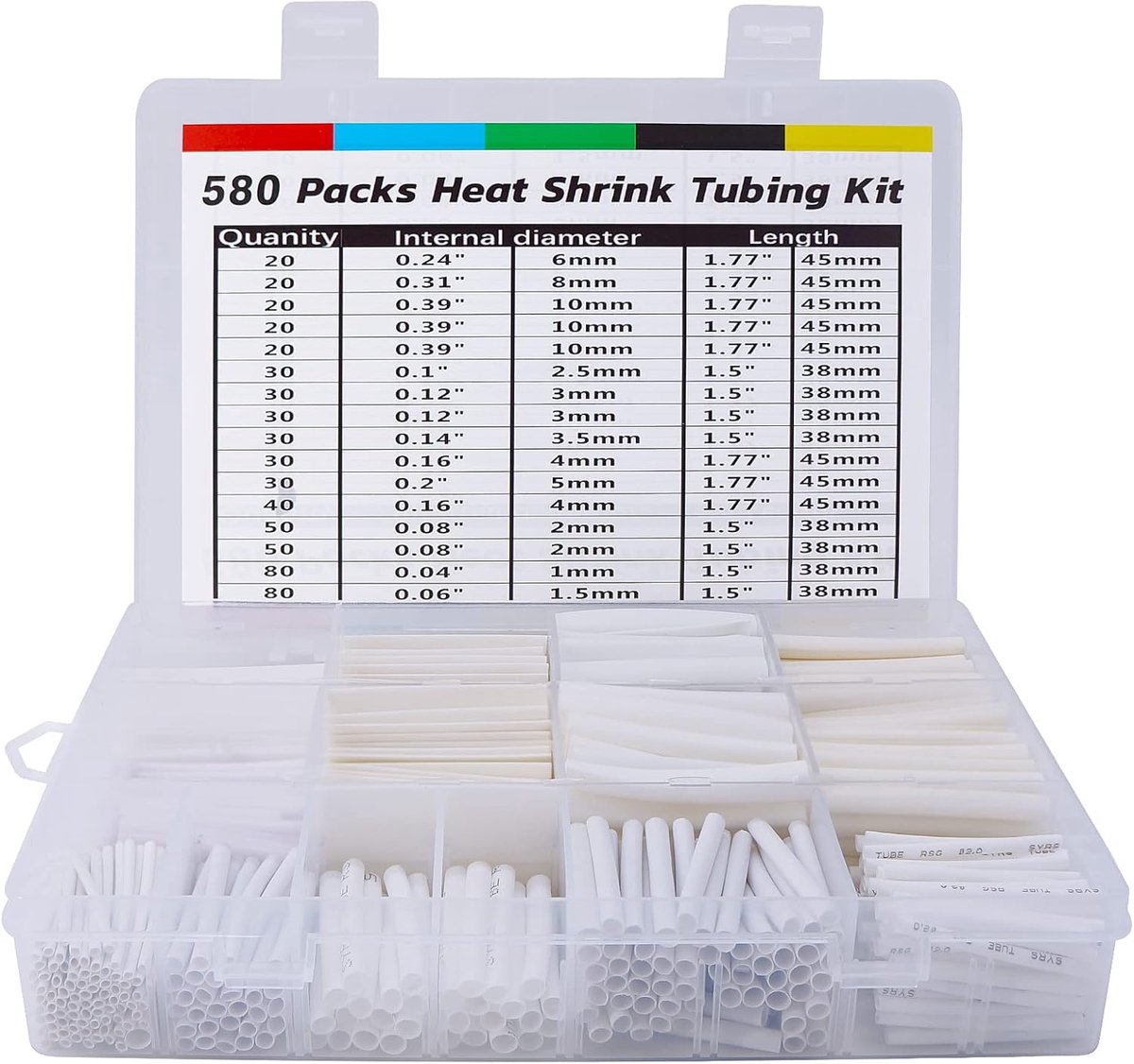 Krimpkousenset, 580 stuks, hoogwaardig EVA-materiaal met opbergkoffer, perfect voor elektrische isolatie, kabelreparaties en draadverbindingen, wit