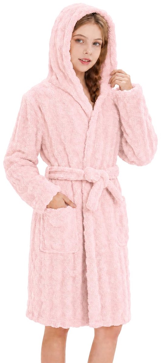 SnelShoppen - Roze Fleece Kinderbadjas met Capuchon voor Meisjes, 13-14 Jaar, Ideaal voor Thuis, Zwembad en Wellness