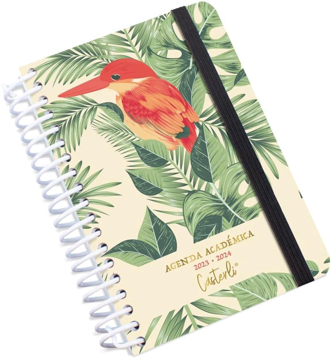 SnelShoppen - Casterli School Planner 2023-24 A6 met Gouden Relief, Lijnpapier, Rubber Cover, Plastic Spiralbinding, 12,5 x 16 cm