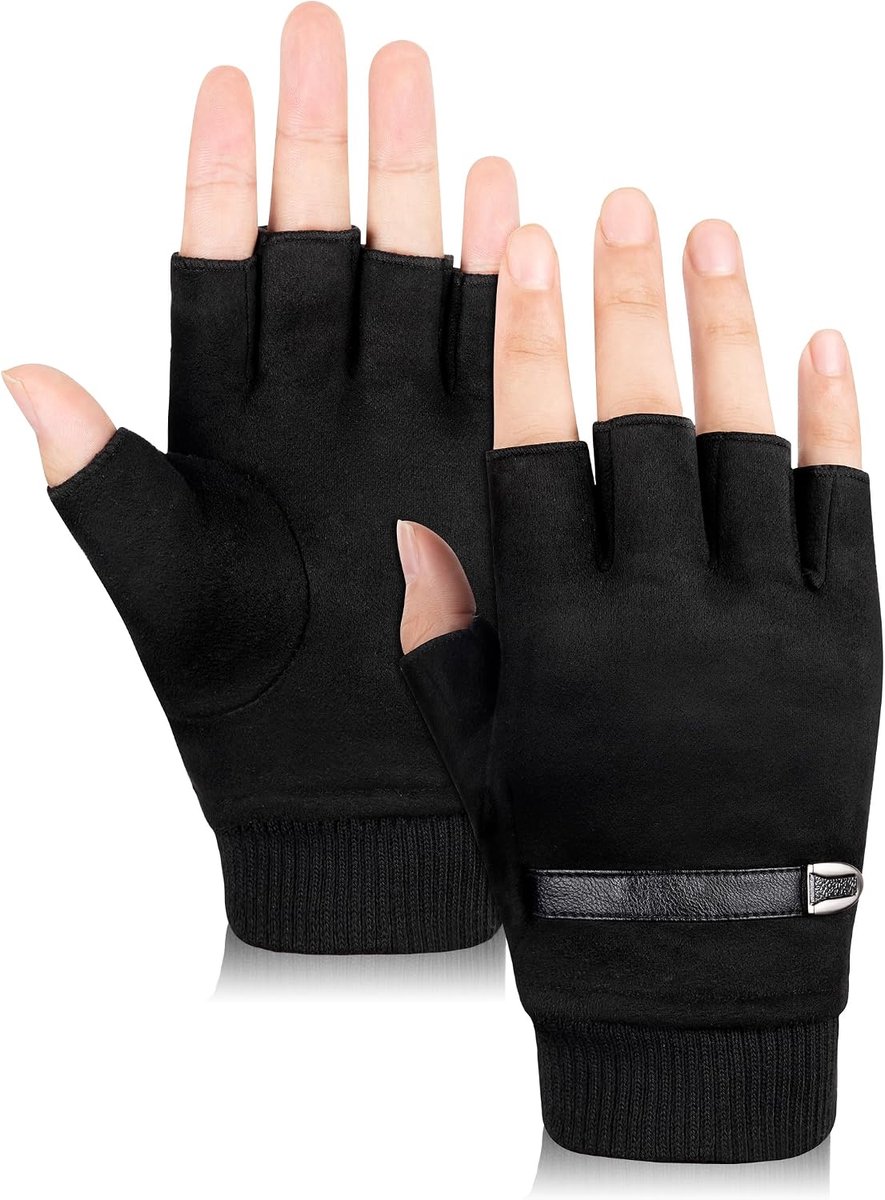 SnelShoppen - Vingerloze Suède Handschoenen voor Heren en Dames, Thermische Zwarte Halve Handschoenen, Touchscreen Winterhandschoenen