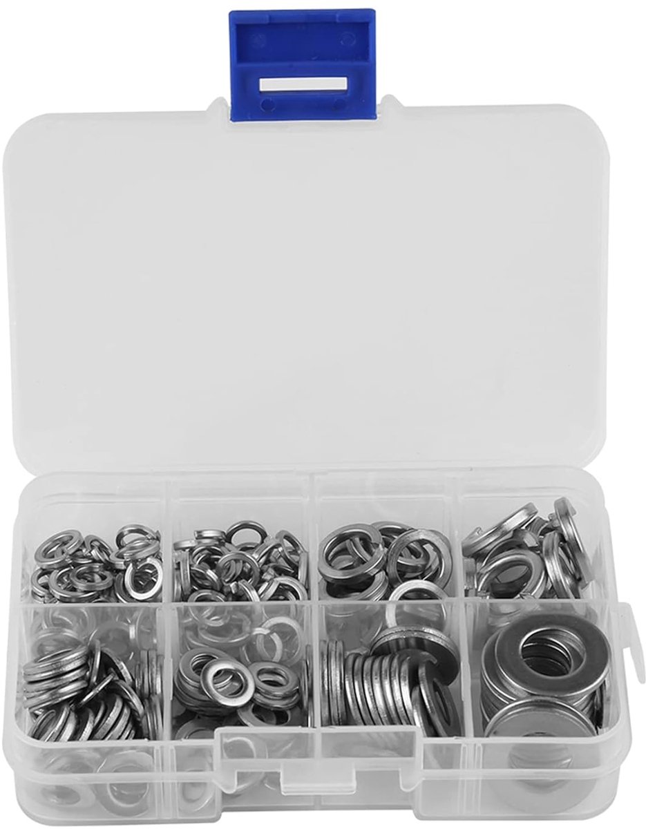 200PCS RVS Vlakke en Veer Ringen Assortiment Kit voor M5 M6 M8 M10 met Opbergdoos en Gasket Pads