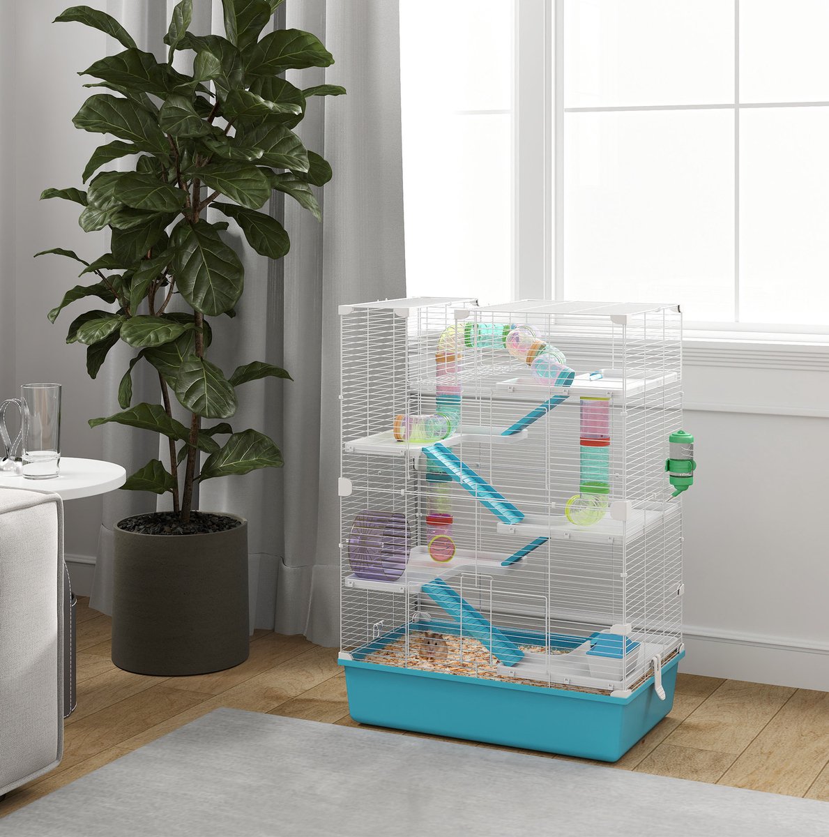 COVREO Hamsterkooi 58 x 36 x 81 cm lichtblauw, 6 verdiepingen met buizen