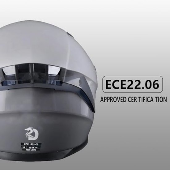 Achterkant van een grijze integraalhelm met ECE22.06 goedkeuringscertificering.