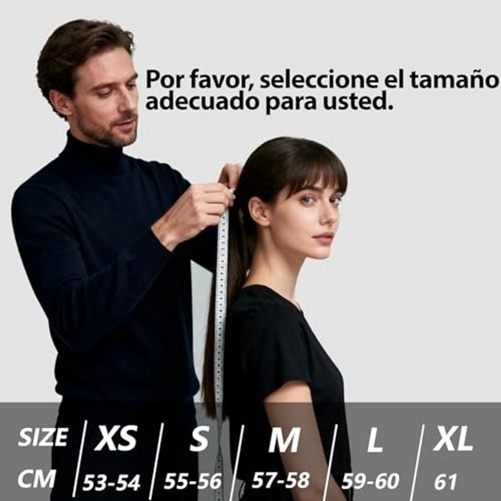 Man meet hoofd van vrouw met meetlint. Tekst: Por favor, seleccione el tamaño adecuado para usted. Maattabel XS-XL.
