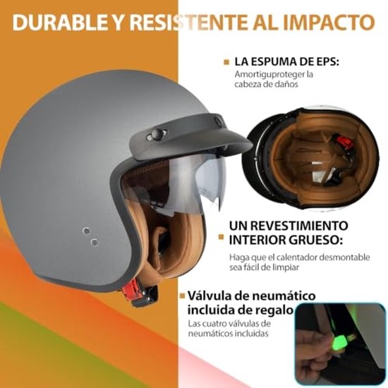 Grijze jethelm met donker vizier en bruine voering. Tekst: "DURABLE Y RESISTENTE AL IMPACTO".