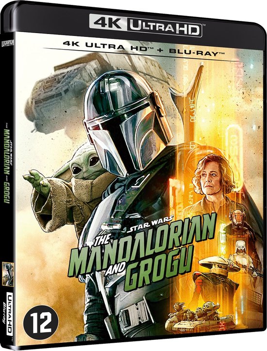 The Mandalorian en Grogu op de cover van de 4K Ultra HD Blu-ray, met de Mandalorian en Grogu op de voorgrond.