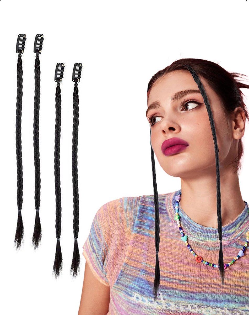 SnelShoppen - 4 Stuks 17 Inch Clip-In Vlecht Extensions, Synthetisch Haar, Gevlochten Twists, Verstelbare Lengte voor Vrouwen en Meisjes, Zwart-Bruin,